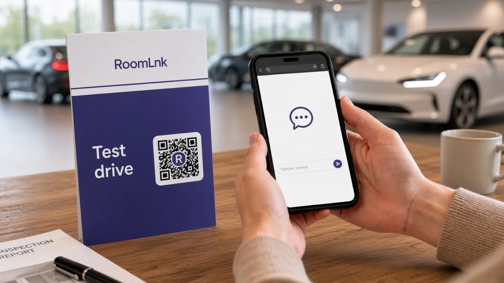 A vehicle card with a RoomLnk QR code and a test-drive chat