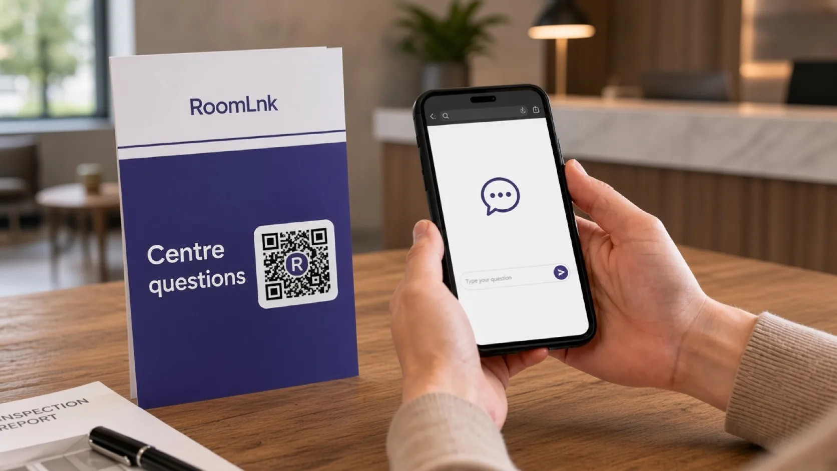 A childcare enrolment card with a RoomLnk QR code and a phone chat