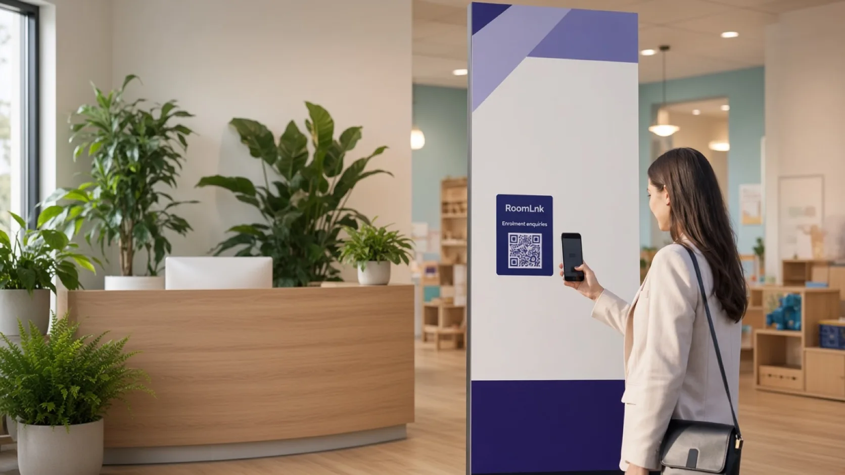 A parent scanning a RoomLnk QR code at a childcare centre reception desk