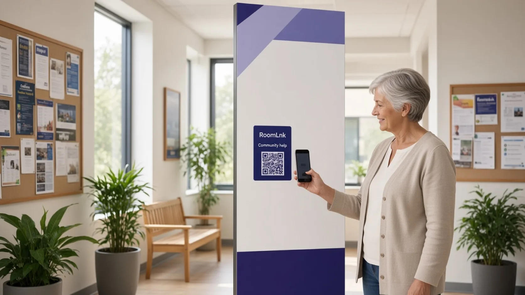A visitor scanning a RoomLnk QR code at a community centre entrance