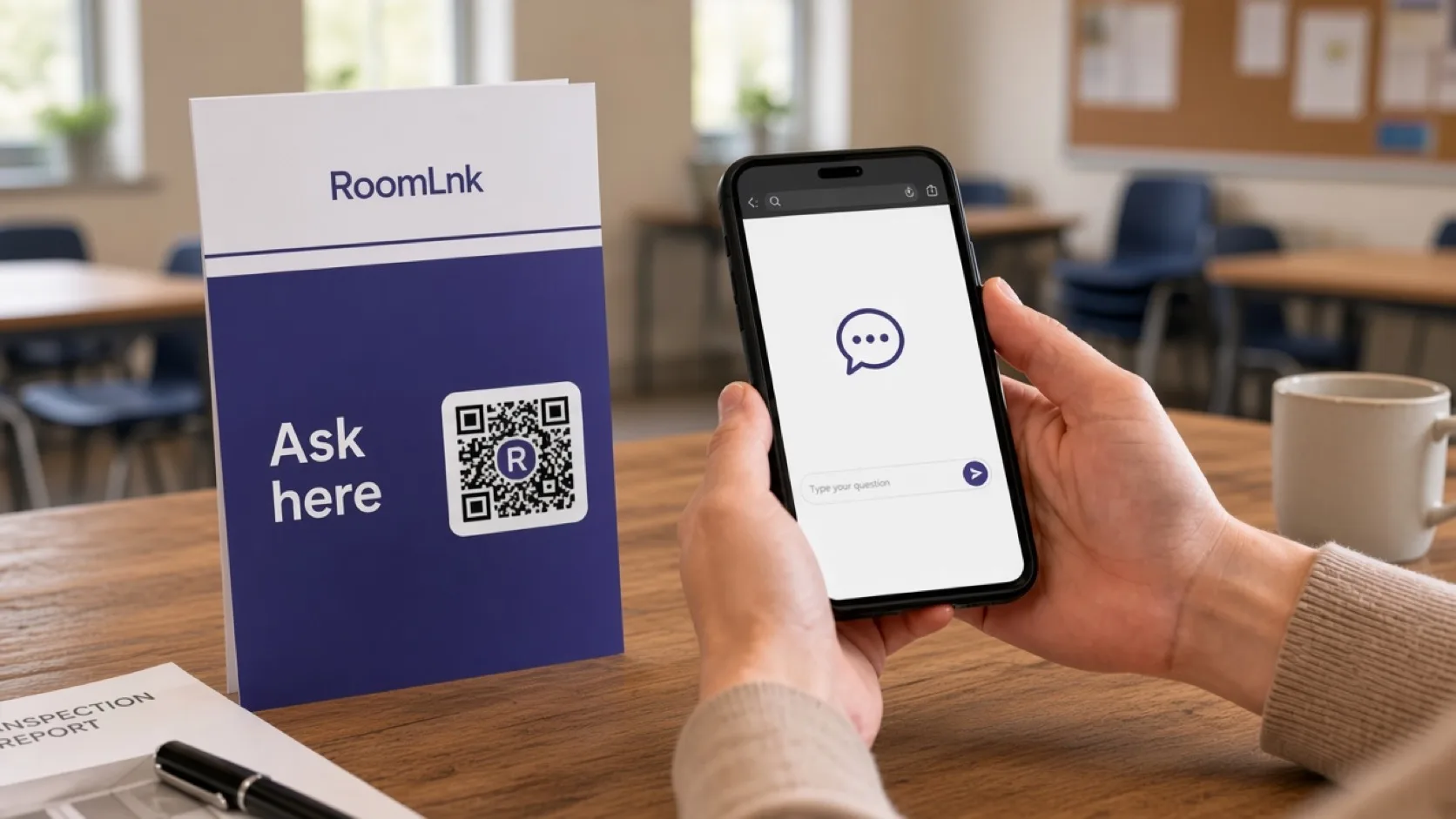 A community support card with a RoomLnk QR code and a phone chat