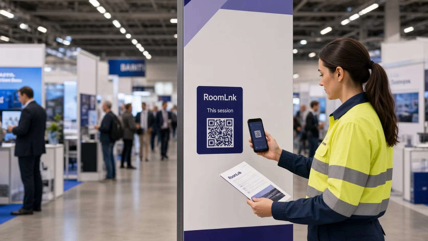 An attendee scanning a RoomLnk QR code in a conference program