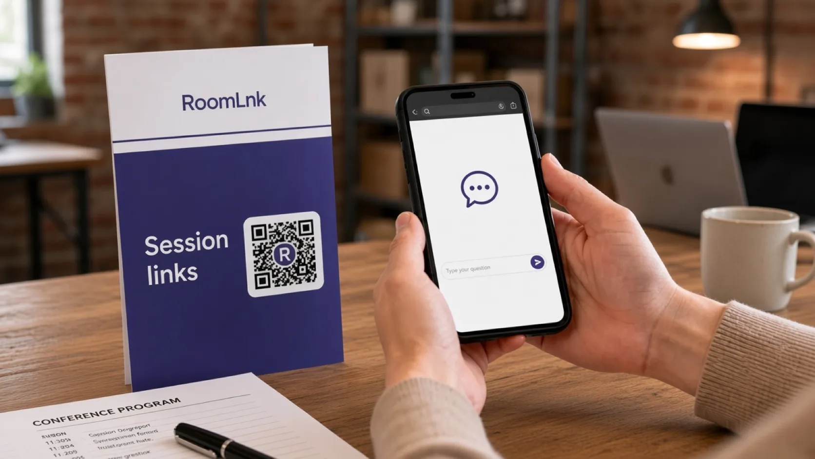 A conference program card with a RoomLnk QR code and a session chat