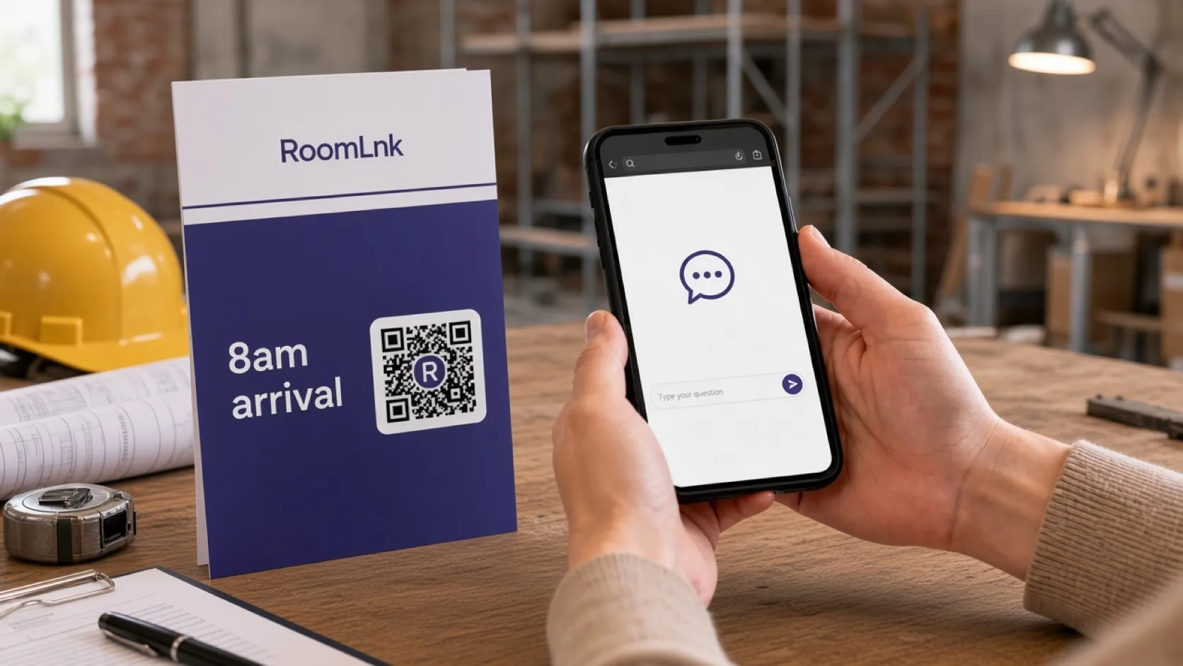A project update card with a RoomLnk QR code and a site chat
