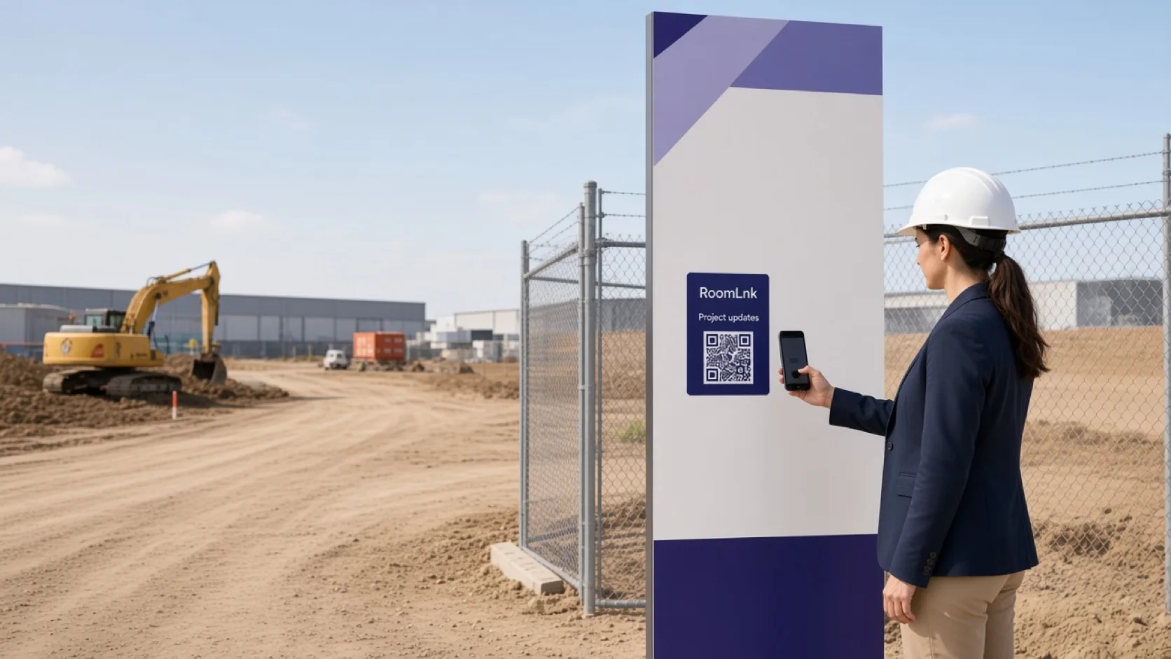 A client scanning a RoomLnk QR code on a construction site board