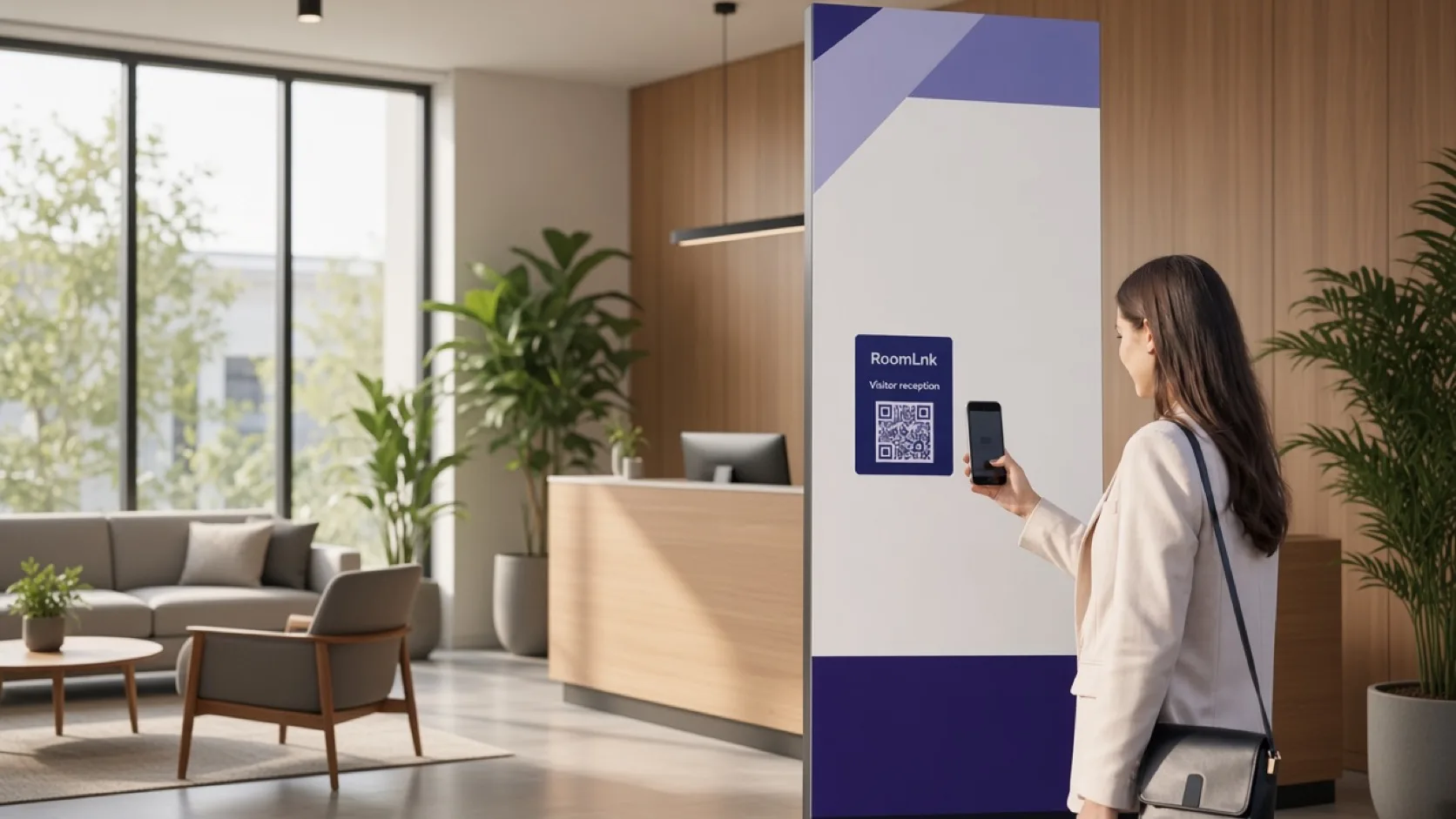 A visitor scanning a RoomLnk QR code at a coworking reception desk