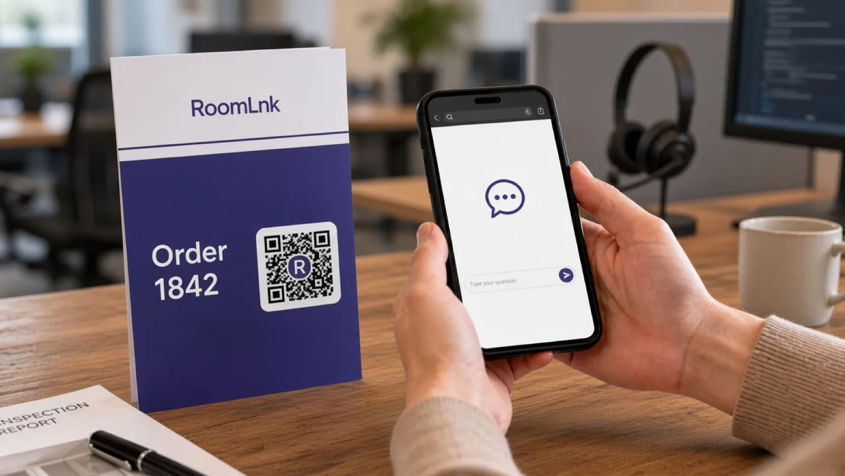 An order card with a RoomLnk QR code beside a support chat