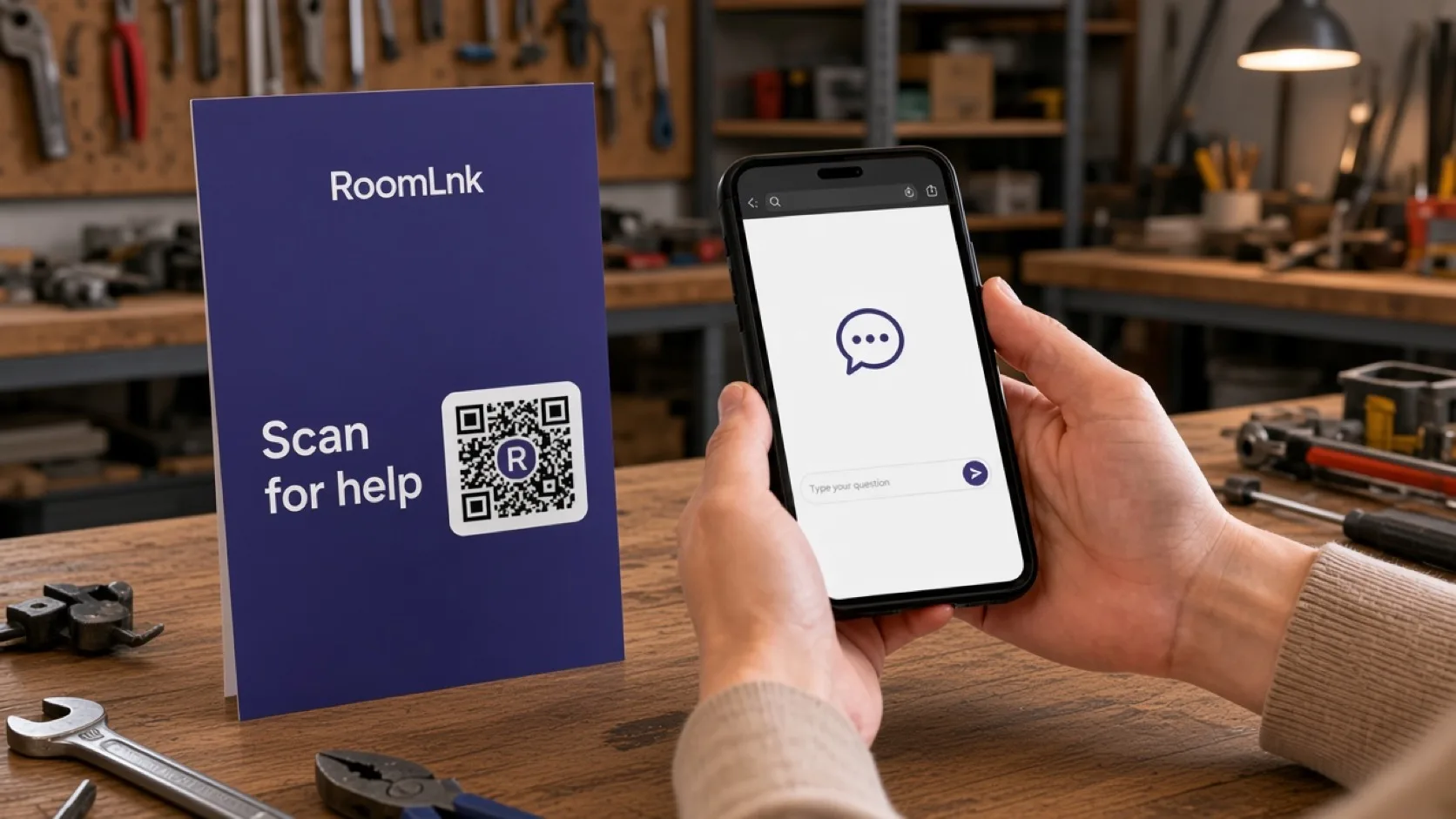 An equipment tag for EX-2841 with a RoomLnk QR code and a phone chat