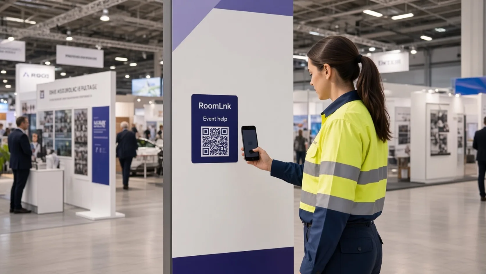 An attendee scanning a RoomLnk QR code at an event booth