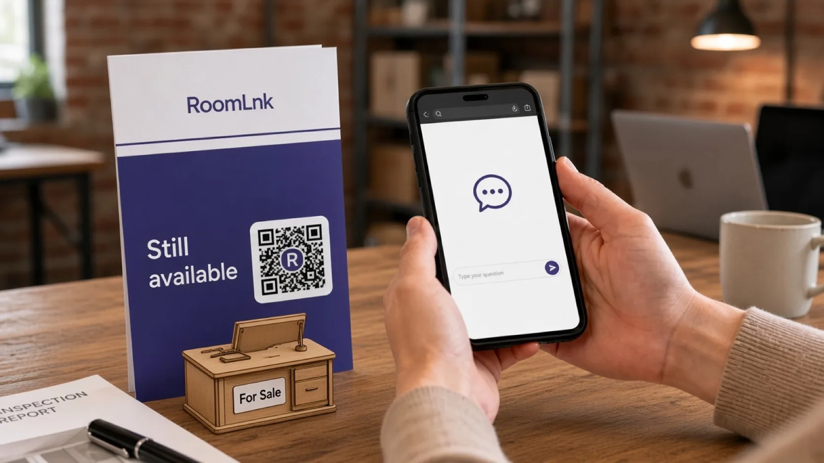 An item card with a RoomLnk QR code and a pickup chat