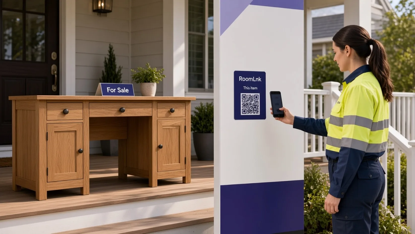 A seller showing a RoomLnk QR code for a marketplace item