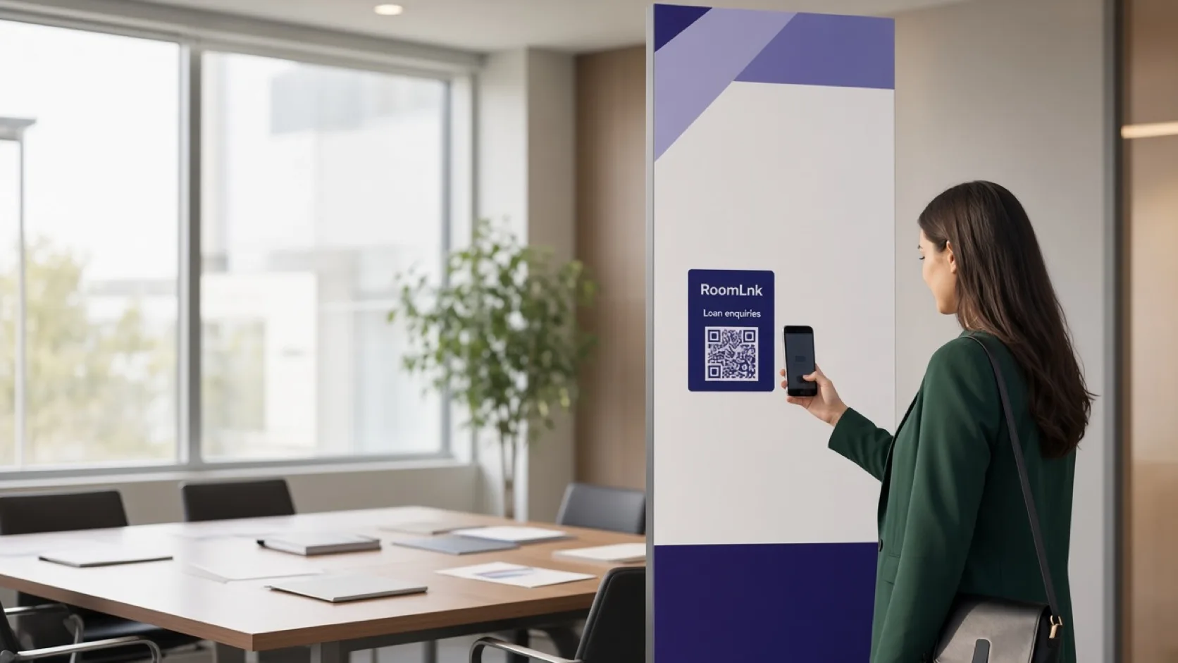 A client scanning a RoomLnk QR code during a mortgage broker meeting