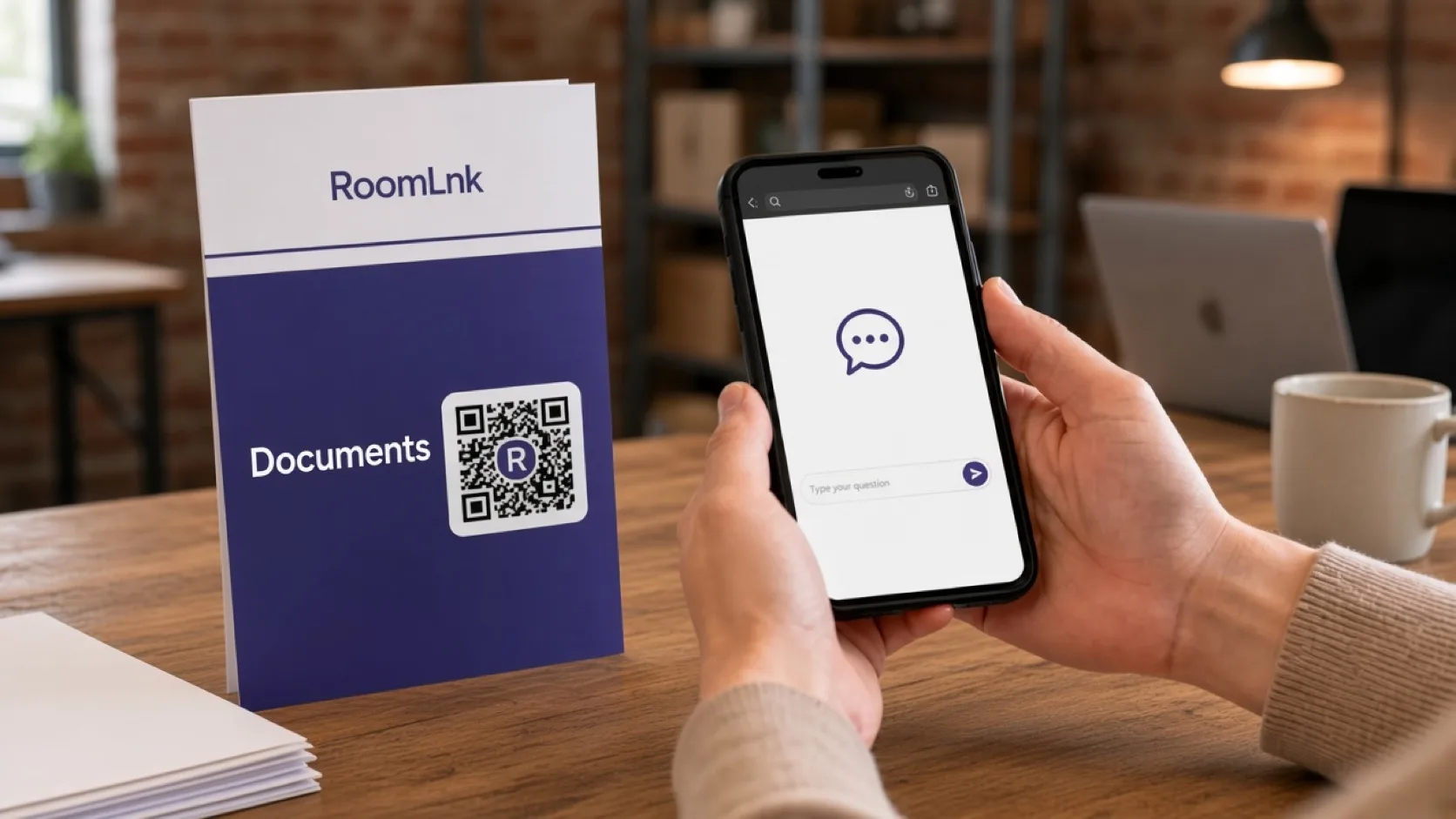 A mortgage document card with a RoomLnk QR code and a phone chat