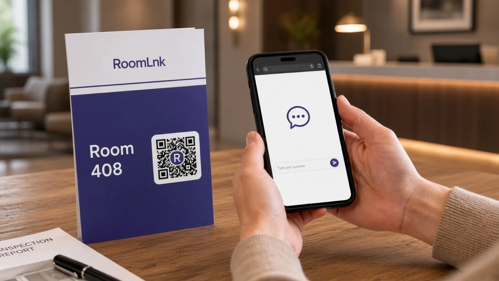 A guest room card for room 408 with a RoomLnk QR code and a phone chat