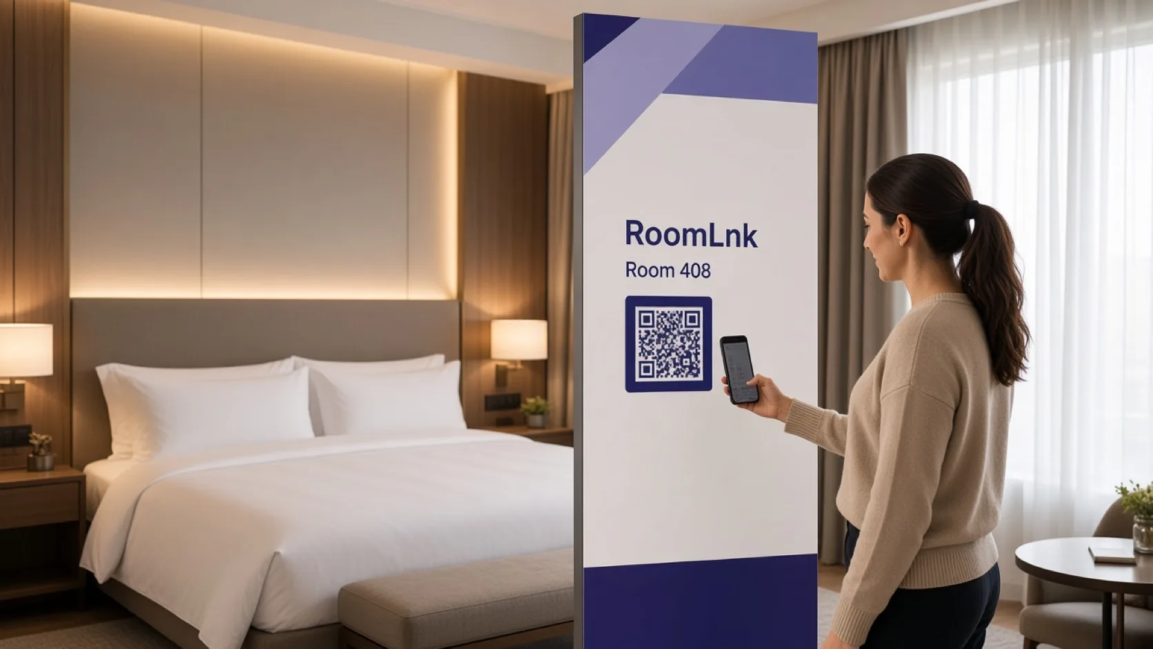 A hotel guest scanning a RoomLnk QR code in a guest room