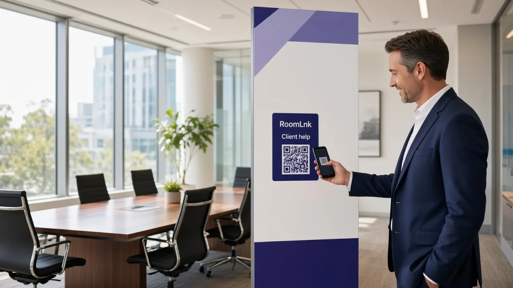 A client scanning a RoomLnk QR code in an insurance broker's office