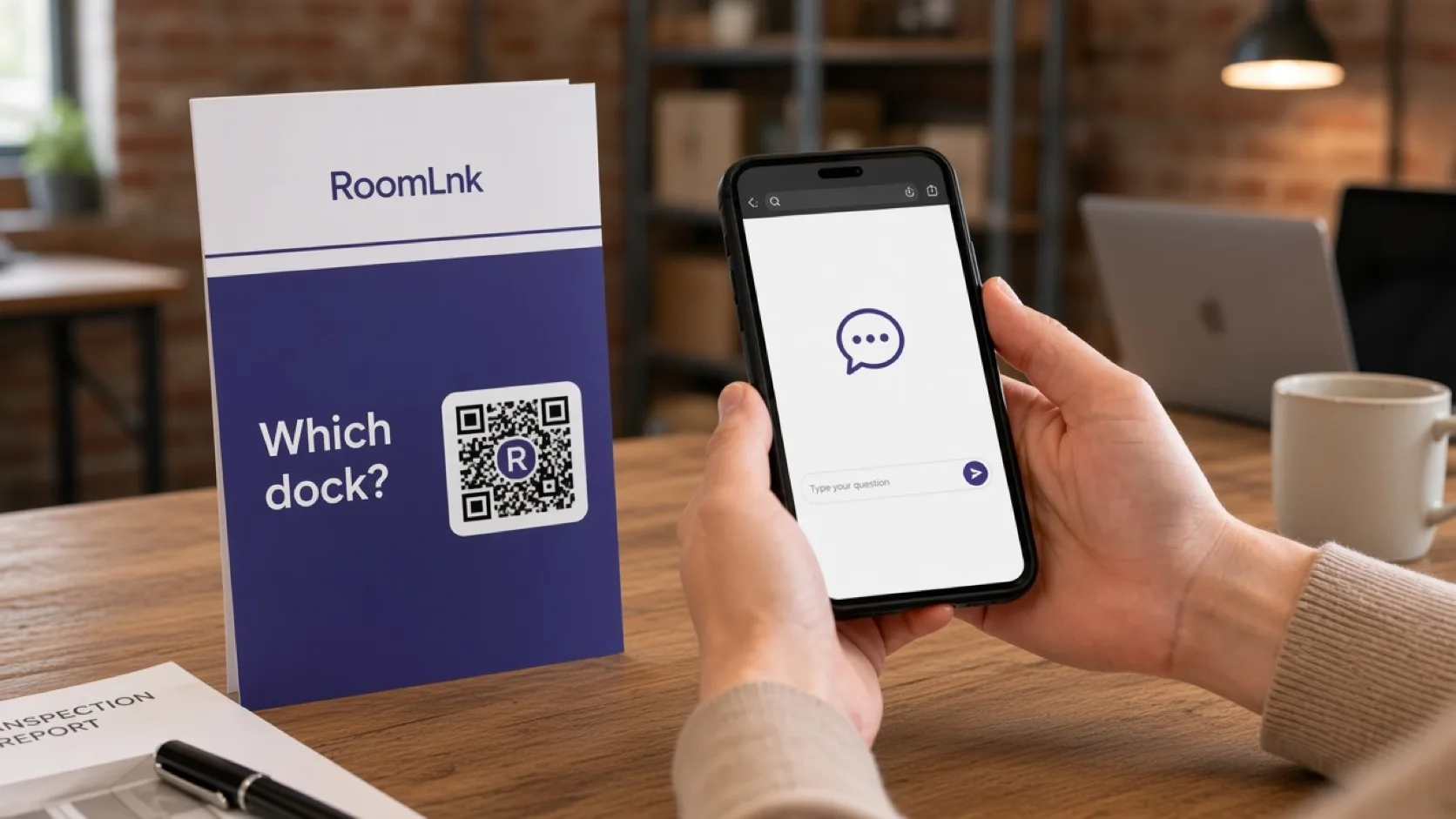 A delivery notice with a RoomLnk QR code beside a phone conversation