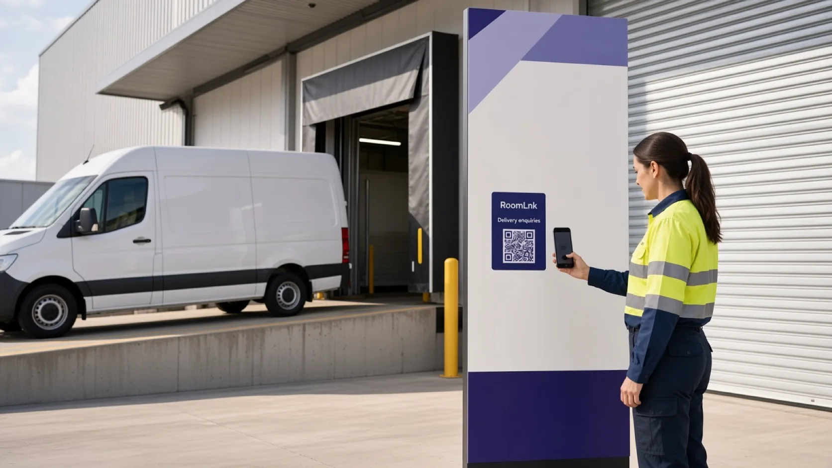 A driver scanning a RoomLnk QR code at a warehouse loading dock