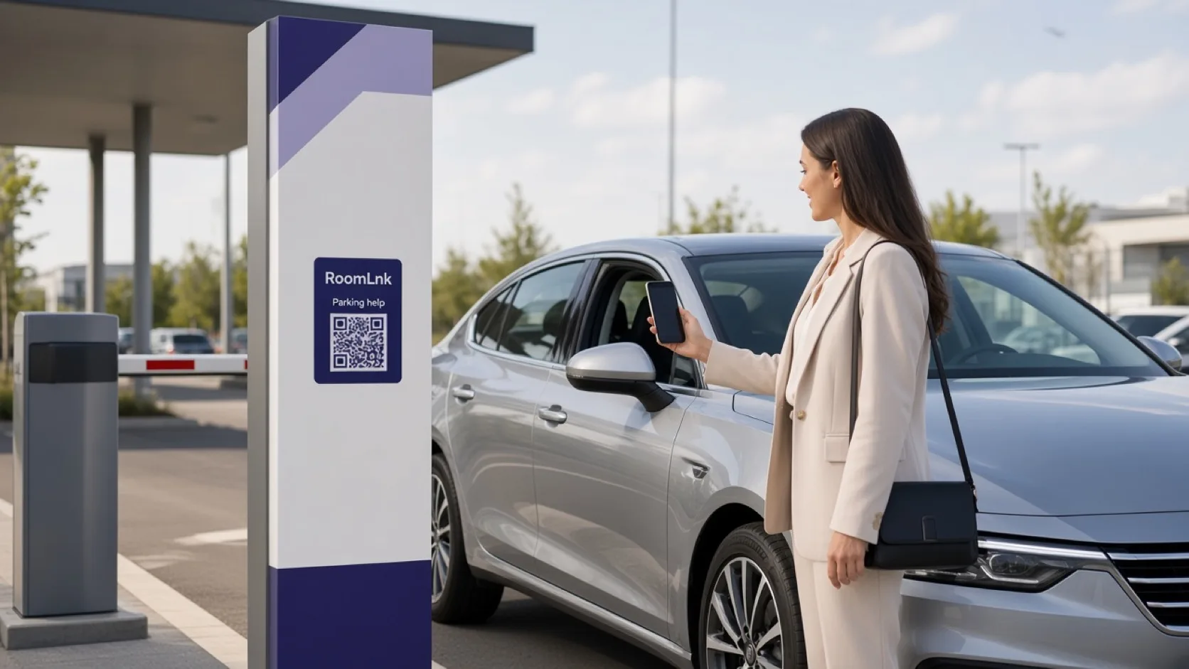 A driver scanning a RoomLnk QR code at a parking exit gate