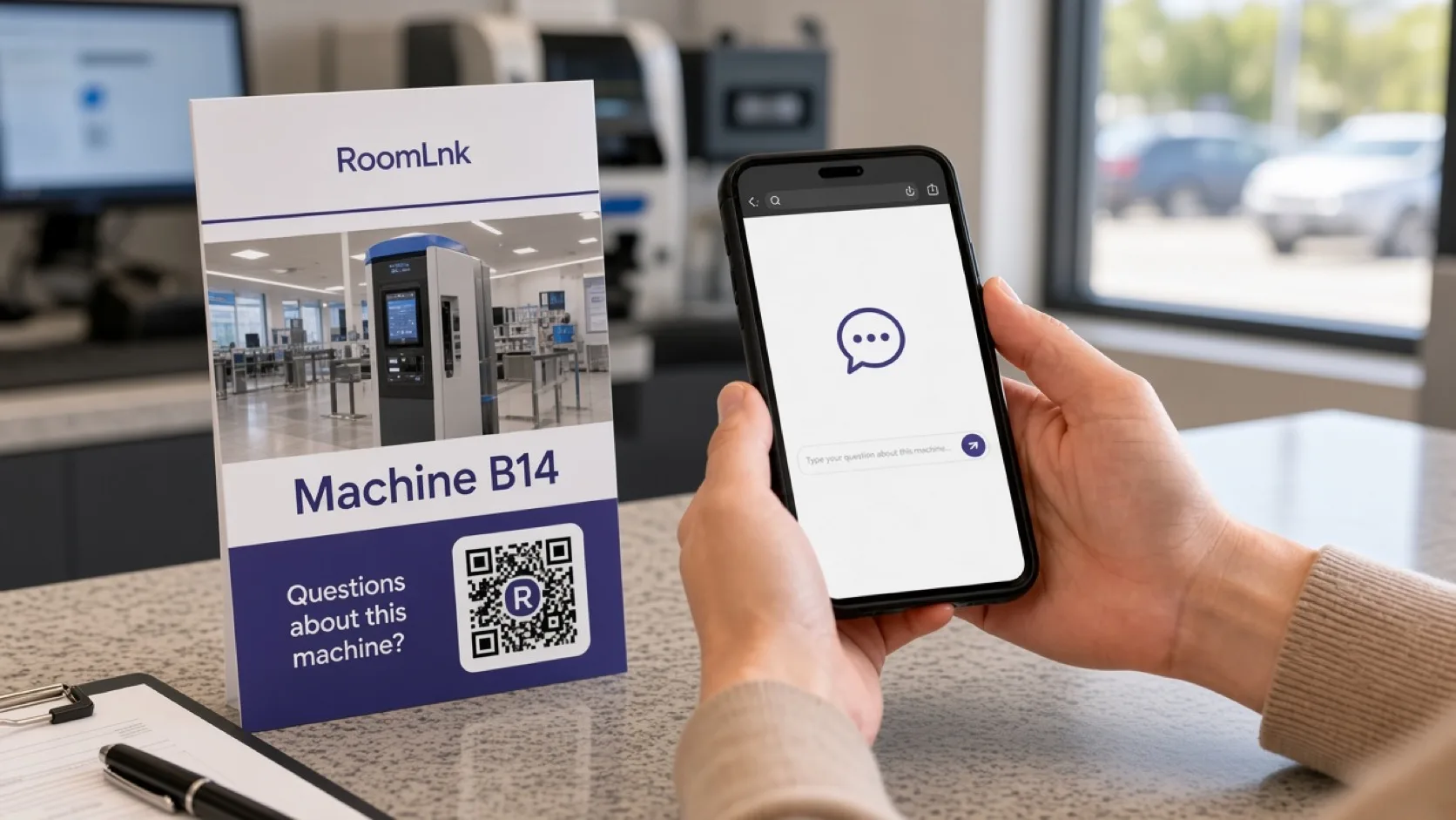 A parking payment card labelled Machine B14 with a RoomLnk QR code and phone chat