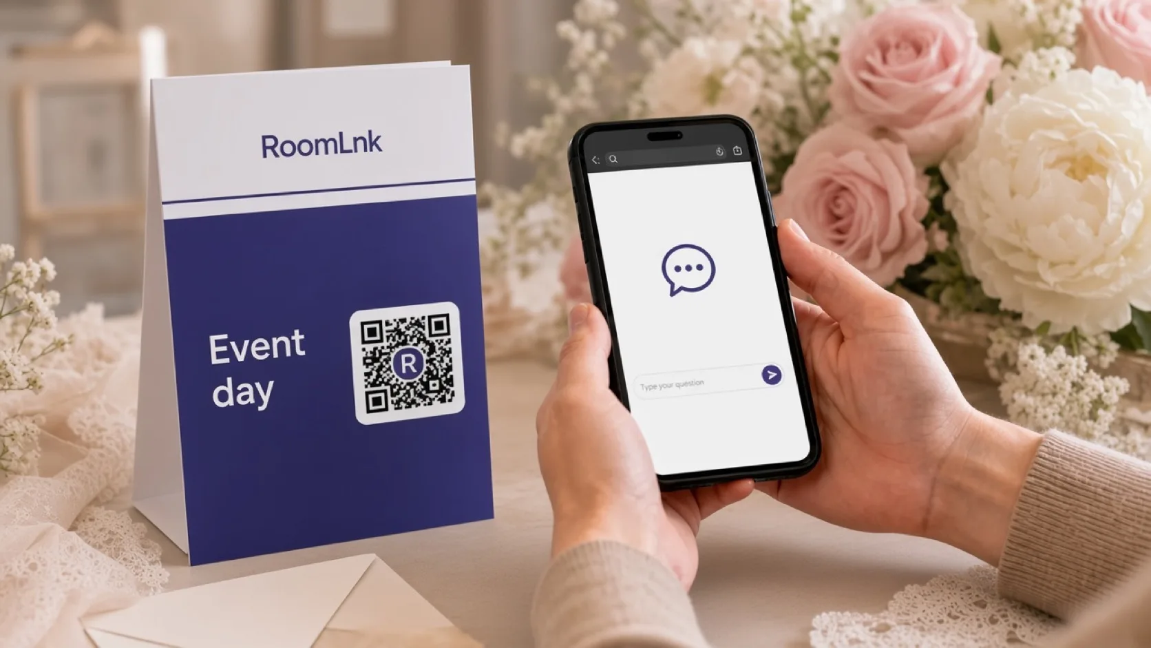 A wedding information card with a RoomLnk QR code and a phone chat