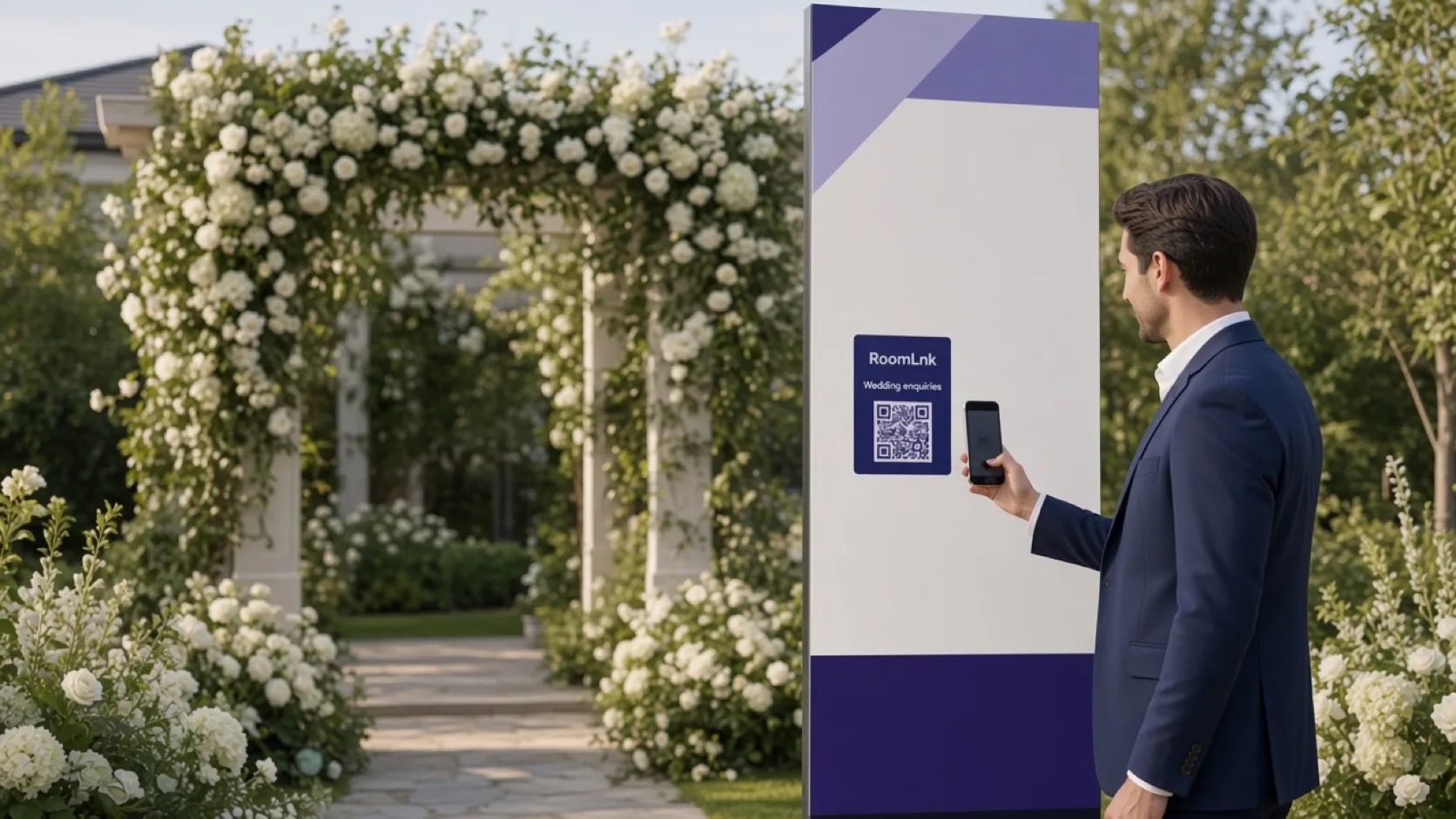 A guest scanning a RoomLnk QR code on a wedding venue sign