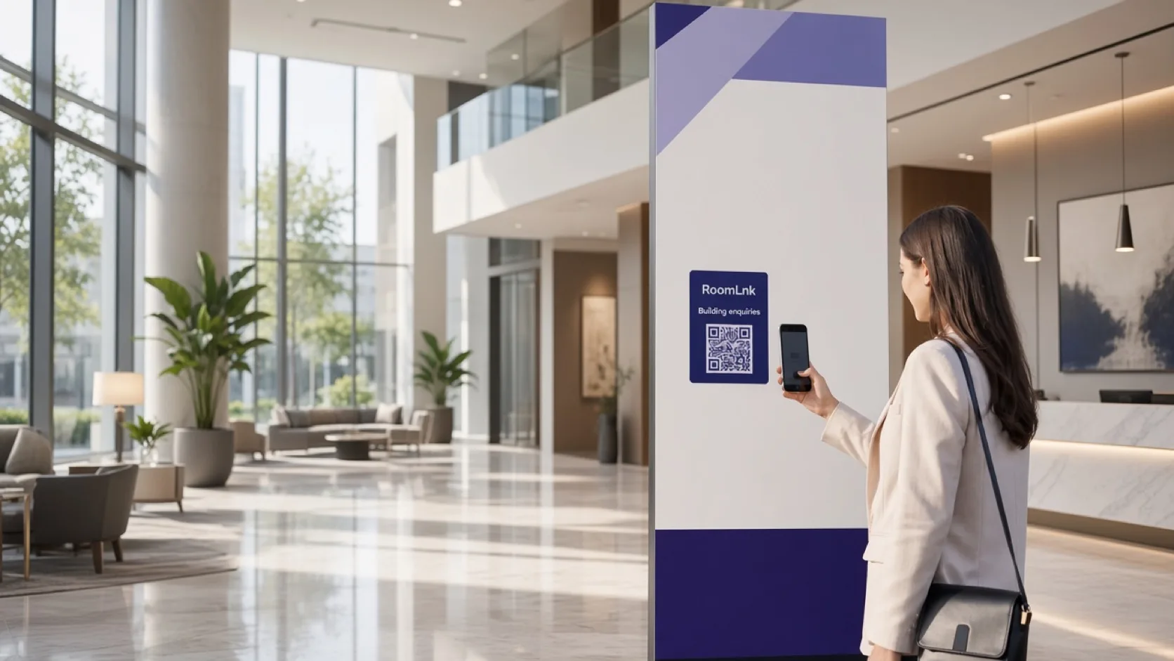 A resident scanning a RoomLnk QR code in an apartment lobby