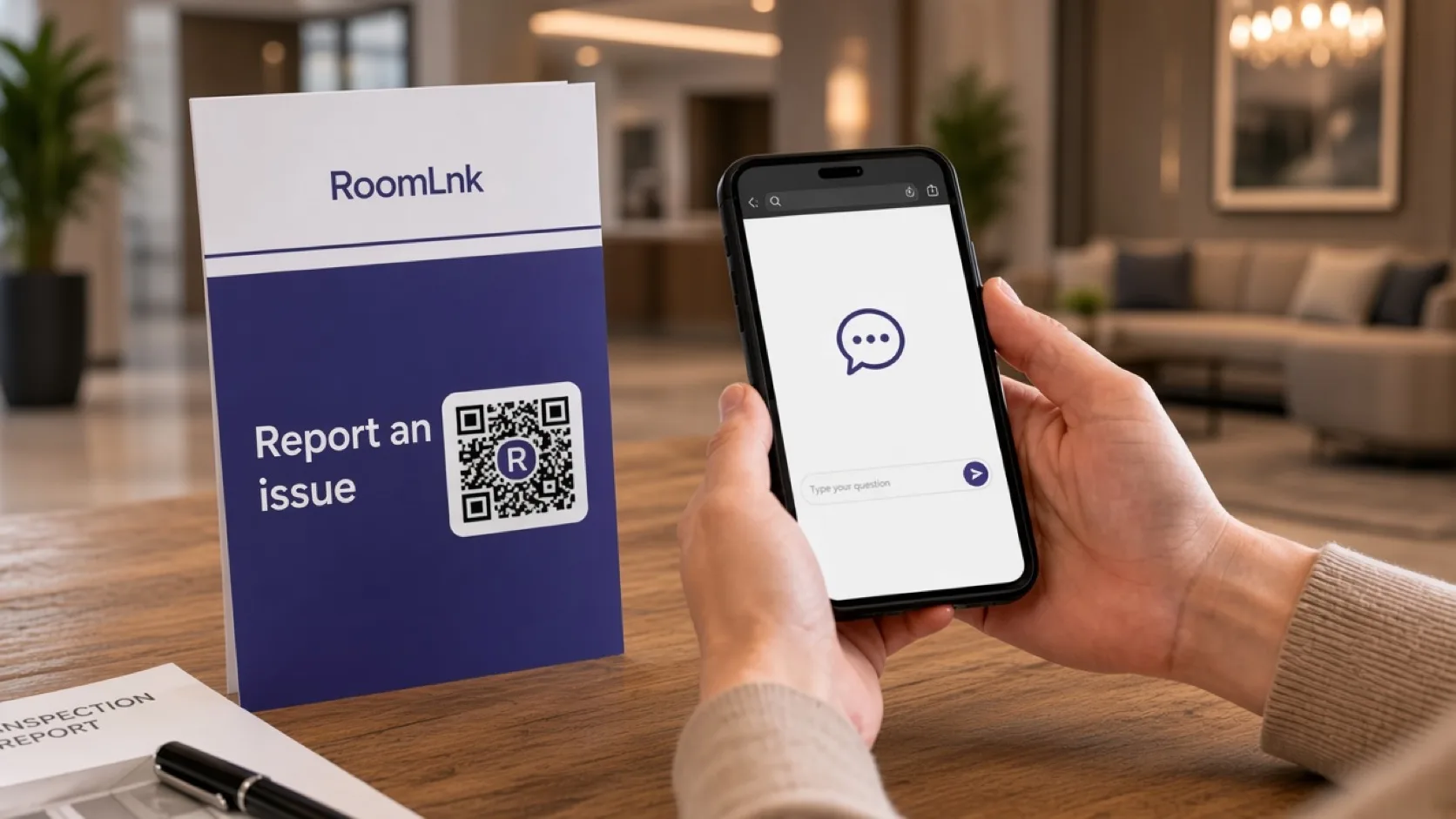 A building notice with a RoomLnk QR code beside a maintenance chat