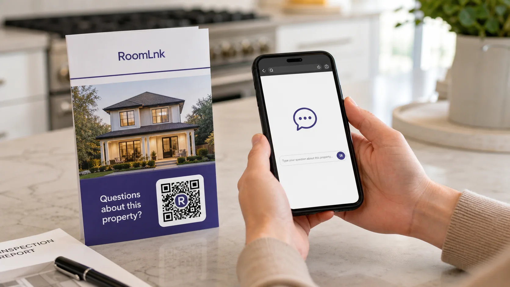 Property inspection brochure with a RoomLnk QR code and browser conversation