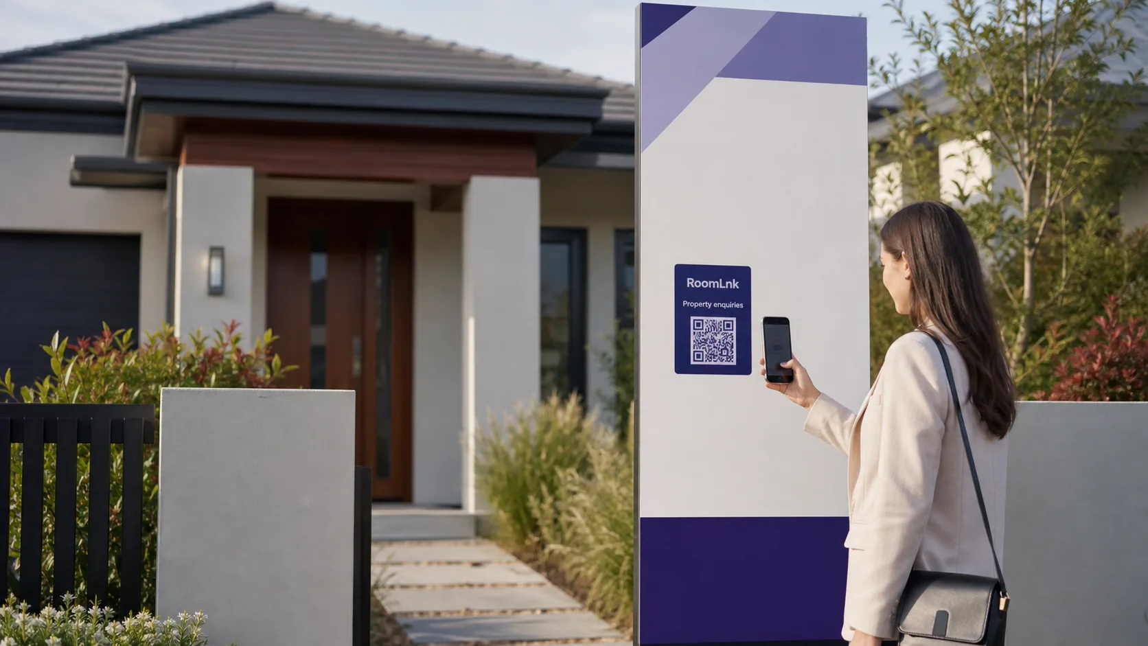 Prospective buyer scanning a RoomLnk QR code on a property sign