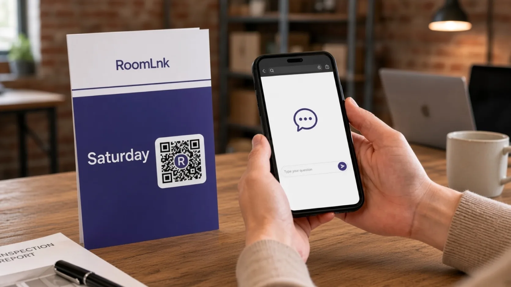 A listing brochure with a RoomLnk QR code and an inspection chat