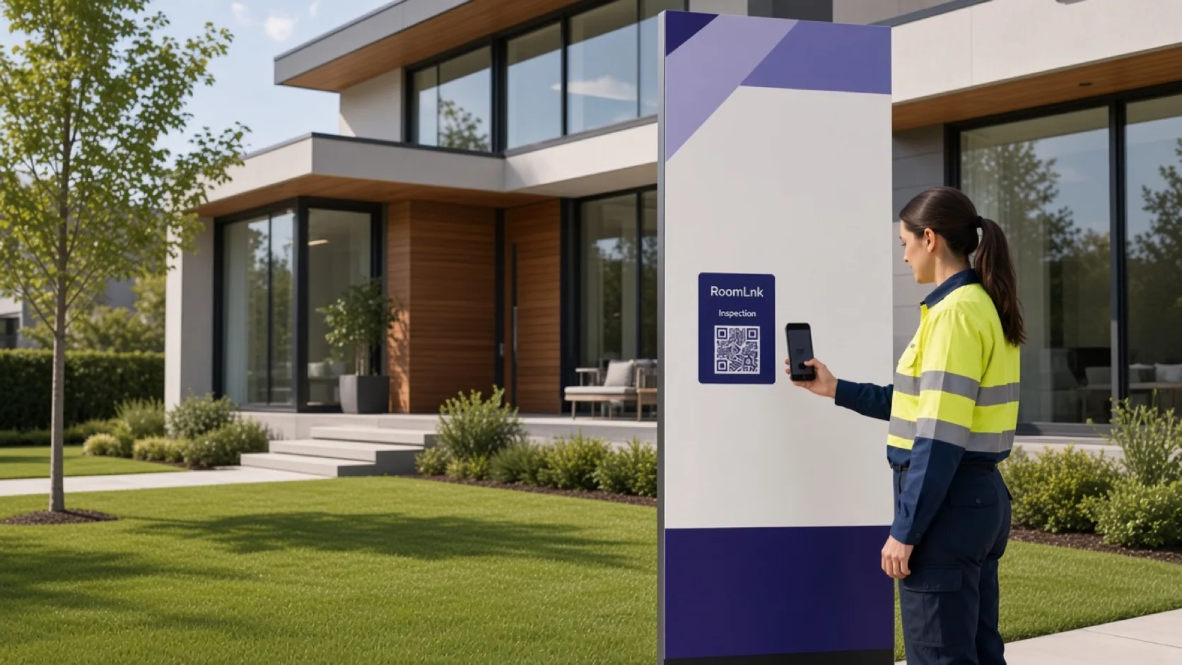A buyer scanning a RoomLnk QR code on a real estate sign