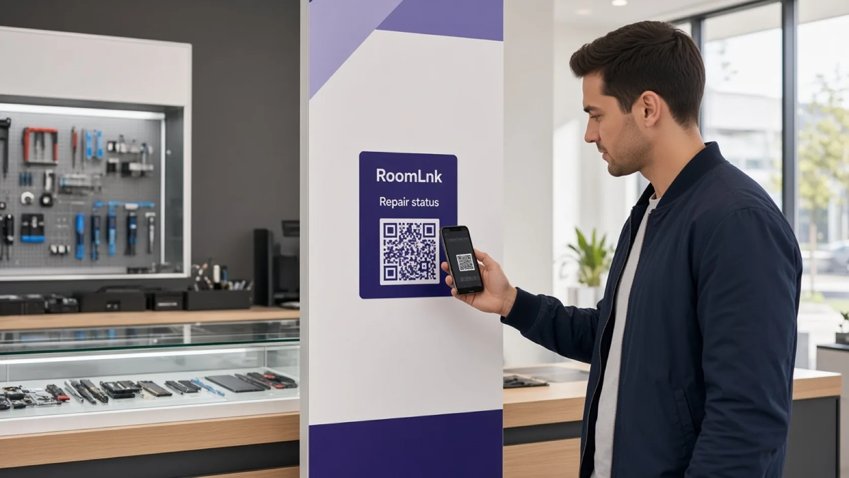 A customer scanning a RoomLnk QR code on a repair counter ticket
