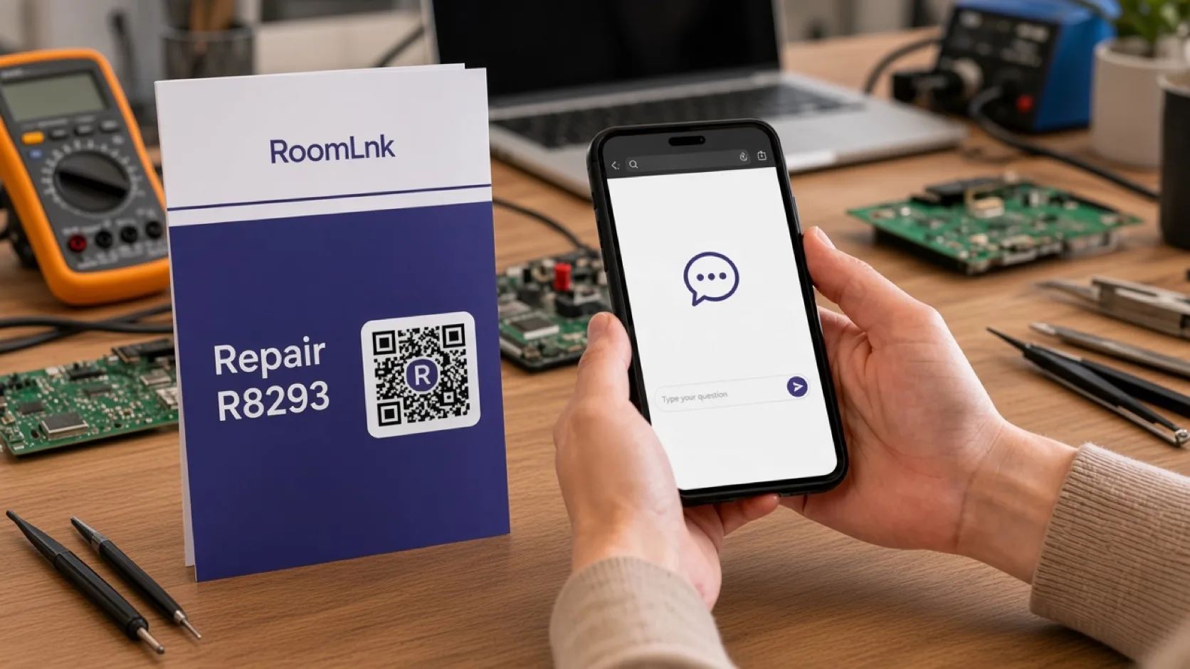 Repair ticket R8293 with a RoomLnk QR code and a phone showing the status chat