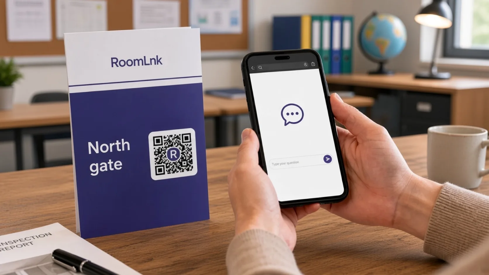 A school event card with a RoomLnk QR code and a collection chat