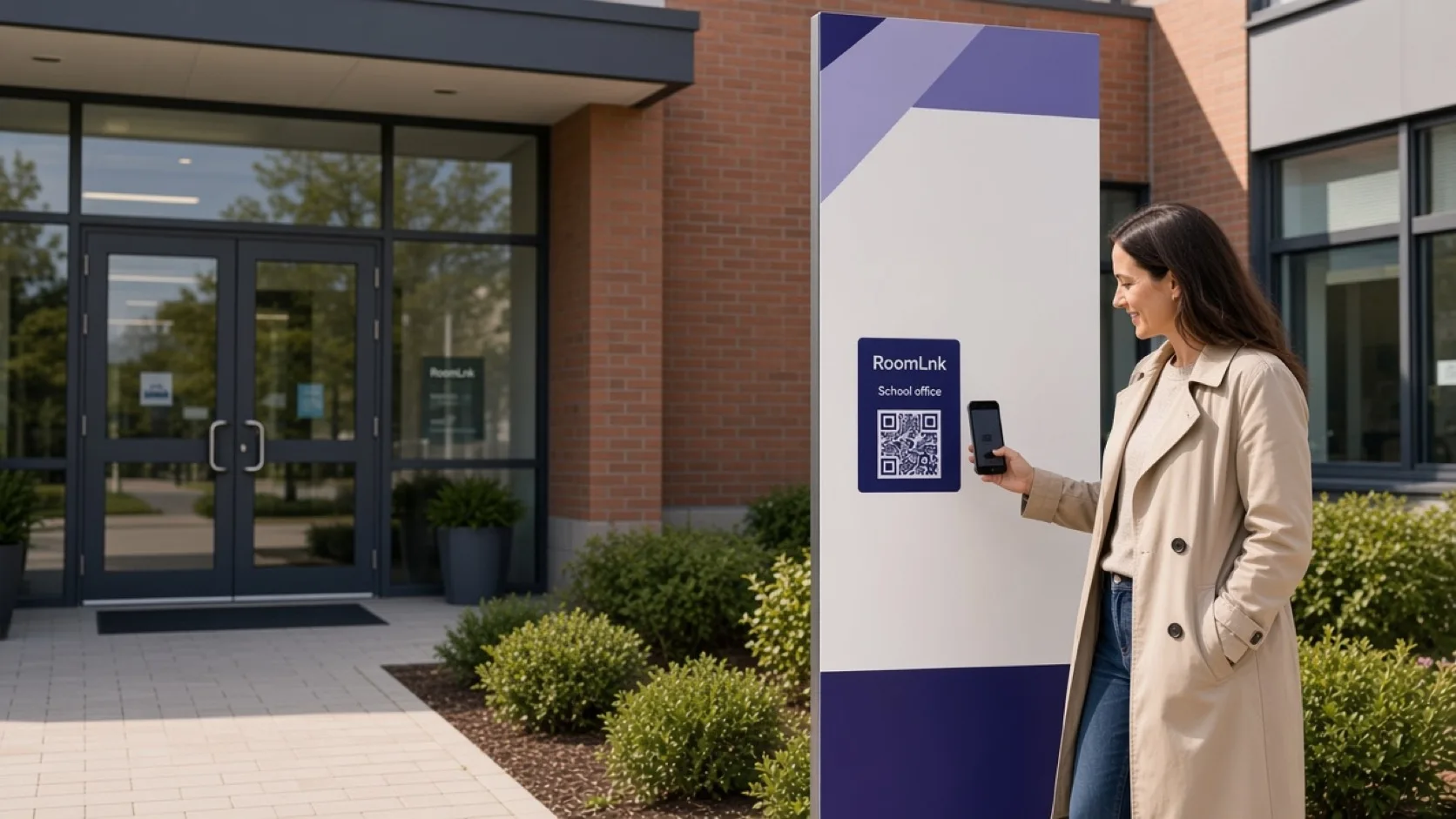 A parent scanning a RoomLnk QR code at a school reception entrance