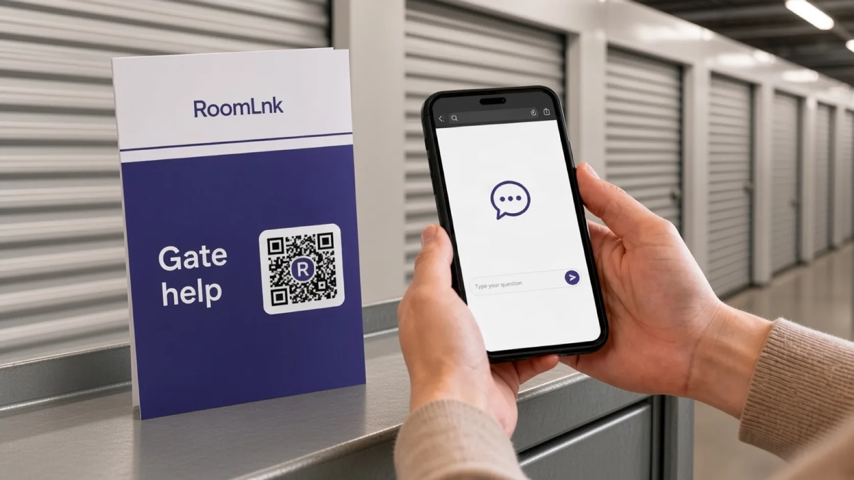 A storage unit help card with a RoomLnk QR code and a phone chat