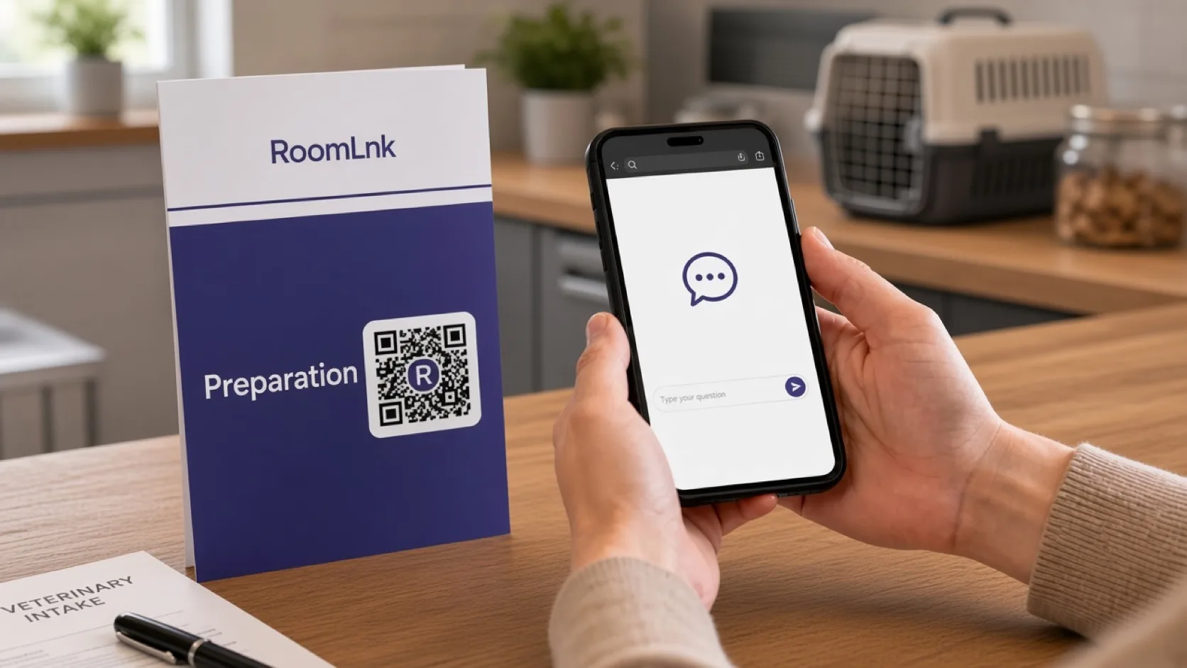 A veterinary appointment card with a RoomLnk QR code and a preparation chat