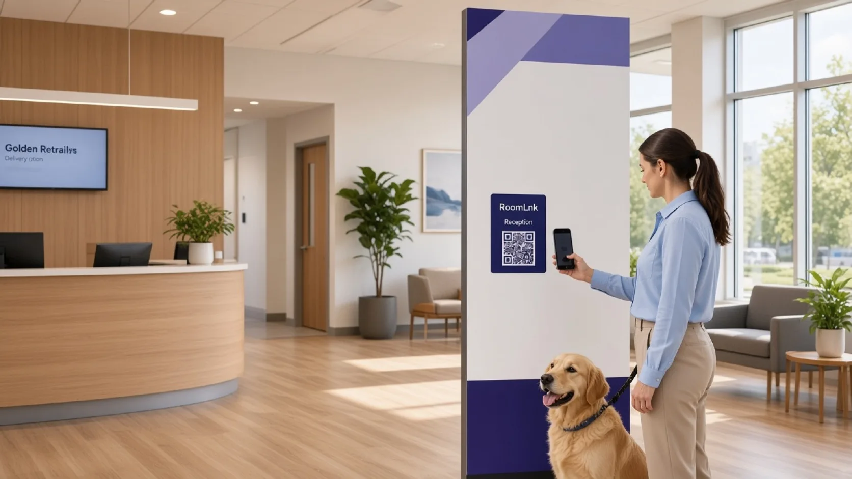A pet owner scanning a RoomLnk QR code at a veterinary reception desk
